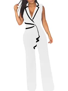 Eleganter weißer ärmelloser Damen-Jumpsuit mit V-Ausschnitt und schwarzen Kontrastpaspeln
