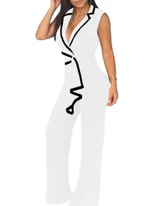 Eleganter weißer ärmelloser Jumpsuit mit tiefem V-Ausschnitt und schwarzem Besatz