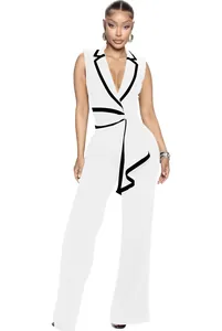 Eleganter weißer ärmelloser V-Ausschnitt Jumpsuit mit schwarzem Revers und weitem Bein