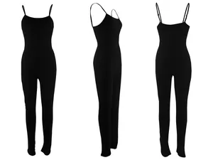 Black sexy backless spaghetti strap ribbed jumpsuit shown in front side and back views