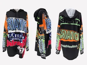 Oversized longline hoodie with vibrant graphic letter prints shown from three angles