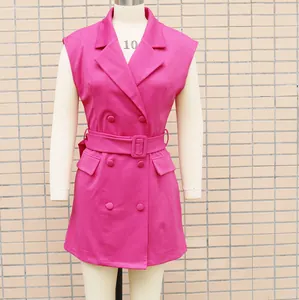 Elegant hot pink sleeveless blazer dress featuring double-breasted buttons and belt detail