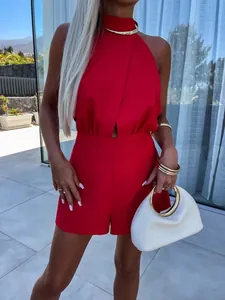 Red semi-high neck sleeveless summer romper for women with elegant high waist cut