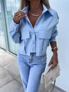 A detailed view of light blue loose batwing sleeve shirt with utility pockets