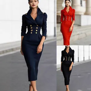 Elegantes Zweireiher Midi Kleid Damen Hohe Taille Langarm Slim Fit Schlitz Business Office Lady Commuter Einfarbiges Kleid