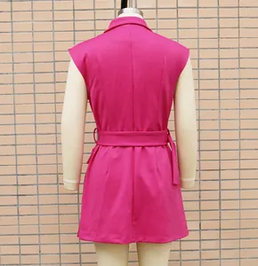 Detailed back view of magenta sleeveless office dress with lapel collar and waist belt