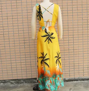 Back view of a tropical palm tree print yellow maxi dress with cross strap detail