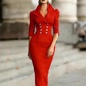 Elegantes rotes zweireihiges Midikleid mit Reverskragen und langen Ärmeln für Damen
