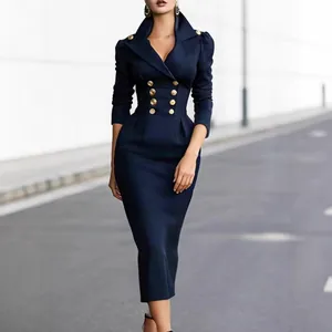 Elegantes marineblaues Midikleid mit hoher Taille und langen Ärmeln für moderne Damen