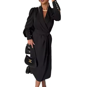 Elegant black shawl collar long sleeve wrap dress with waist tie and puff shoulders