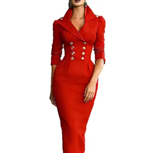 Elegantes rotes Midikleid mit hoher Taille, zweireihigen Knöpfen und langen Ärmeln für Damen