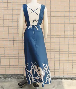 Detailed back view of navy blue floral maxi dress with elegant cross-back straps