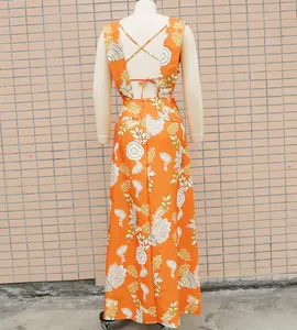 Back view of a vibrant orange floral maxi dress with elegant criss-cross back straps