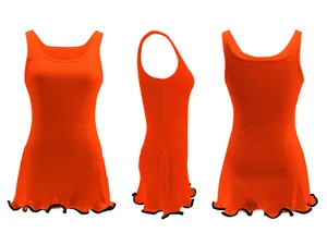 Orange ribbed knit sleeveless bodycon tank dress with black wavy lettuce hem trim