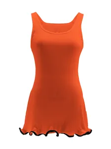 Vibrant orange ribbed sleeveless dress with wavy lettuce edge hem and black contrast trim.