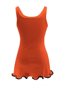 Back view of orange sleeveless ribbed knit mini dress featuring a black wavy ruffled hem