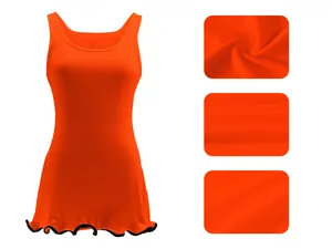 Macro view showing the ribbed fabric texture of this orange sleeveless mini tank dress