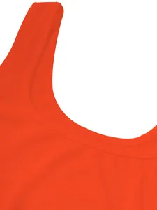 Close-up detail of vibrant orange ribbed fabric neckline on slim sleeveless dress