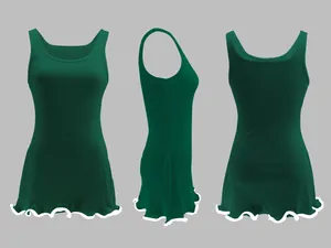 Detailed front side and back view of a dark green ribbed tank dress with wavy hem