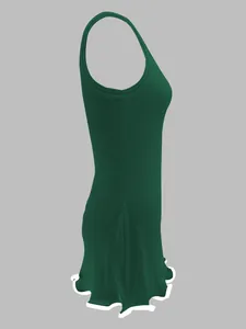 Detail of a dark green ribbed sleeveless tank dress with wavy lettuce edge hem.
