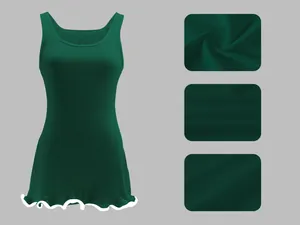 Detailed view of a dark green sleeveless rib-knit tank dress with a ruffled hem.