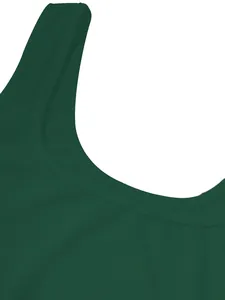 Close-up of the ribbed texture and U-neckline of a dark green sleeveless dress