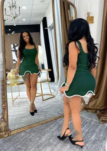 Dark green sleeveless bodycon mini dress with white scalloped wave hem detail