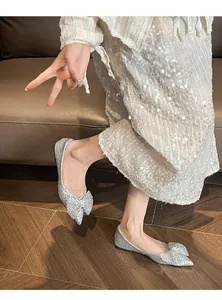 Close-up of silver sequin pointed-toe flats with a stylish bow detail for banquets