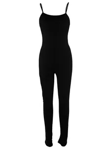 Detailed view of a sleek black spaghetti strap bodycon jumpsuit for fashionable women