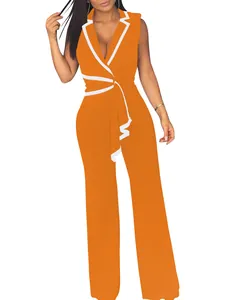 Schicker ärmelloser Overall mit V-Ausschnitt in Orange, weißem Besatz und weitem Bein