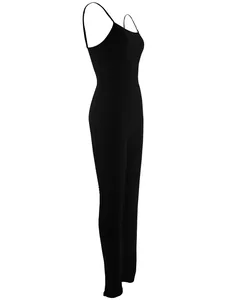 Side profile view of a sexy slim-fit black spaghetti strap ribbed long jumpsuit for women