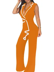 Eleganter orangefarbener ärmelloser Jumpsuit mit V-Ausschnitt und weitem Bein.