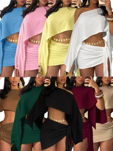 Women Elegant One Shoulder Long Sleeve Crop Top And Ruched Tie Mini Skirt Two Piece Outfits Vacation Clubwear Sets