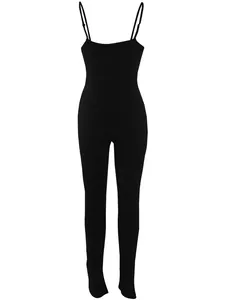 Full-length black spaghetti strap bodysuit with bodycon fit and split hem details