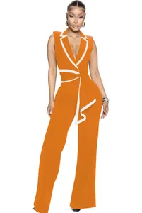 Eleganter orangefarbener ärmelloser Overall mit V-Ausschnitt und weitem Beindesign.
