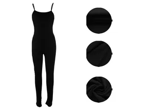 Macro detail view of black ribbed fabric on women's sexy slim fit backless jumpsuit
