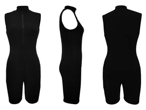 Ärmelloser schwarzer gerippter Body mit Reißverschluss von vorne hinten und von der Seite