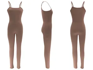 Front side and back views of brown ribbed spaghetti strap tight jumpsuit