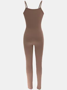 Detailed macro view showing the brown ribbed fabric of this sexy backless sleeveless jumpsuit