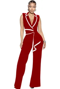 Eleganter roter ärmelloser Jumpsuit mit V-Ausschnitt, weißer Paspelierung und weitem Bein