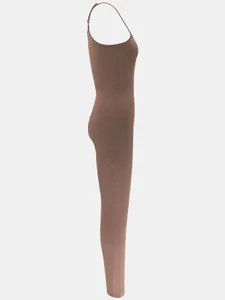 Side profile of a women's brown ribbed bodycon jumpsuit showing the sleek silhouette