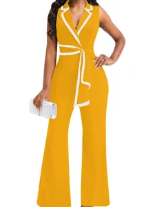 Eleganter gelber V-Ausschnitt Jumpsuit ohne Ärmel mit weißem Kontrast und weitem Bein