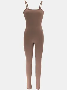 Detailed view of a brown ribbed spaghetti strap jumpsuit, showcasing the slim fit texture.