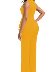 Seiten- und Rückansicht eines eleganten gelben ärmellosen Jumpsuits mit weitem Bein