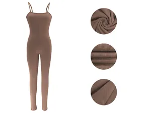 Detail view of brown ribbed knit full-length bodysuit with spaghetti straps texture