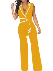 Eleganter gelber ärmelloser Jumpsuit mit V-Ausschnitt, weißem Rand und Taillengürtel
