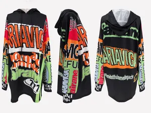 Women's oversized hoodie dress with colorful pixel letter prints showing three view angles