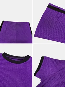 Detail shots of purple textured fabric and contrast black trim on a stylish two-piece set.