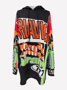 Oversized hooded sweatshirt dress with colorful pixel letter print and color blocks