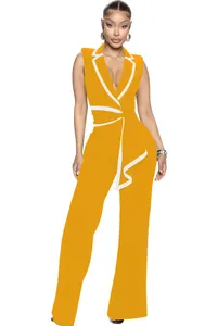Eleganter gelber ärmelloser Jumpsuit mit V-Ausschnitt, weißem Besatz und weitem Bein